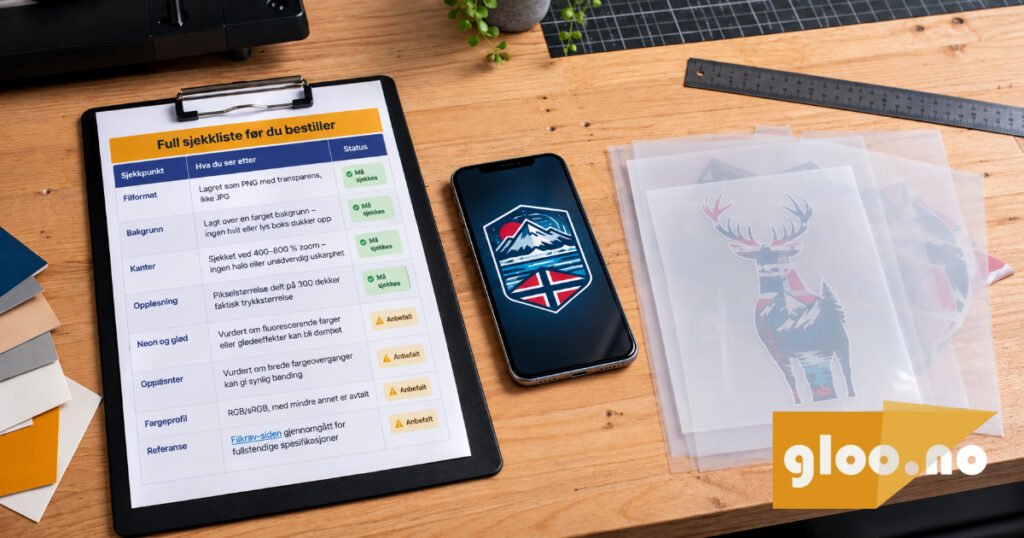 Sjekkliste-grafikk som viser oppløsning, gjennomsiktig bakgrunn og farger som de tre viktigste punktene før DTF-bestilling